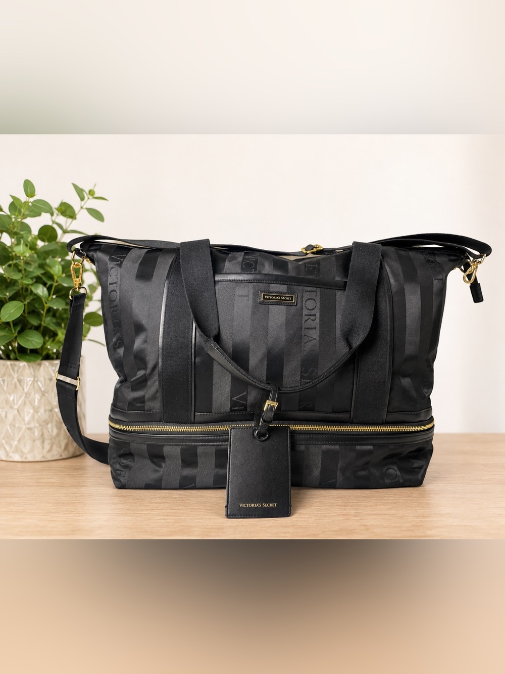 Victoria’s Secret Jacquard Stripe Weekender Travel Bag Carry-On Gold Hardware